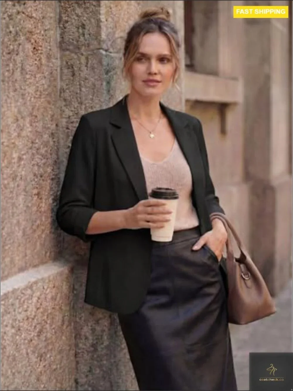 Lightweight 3/4 Sleeve Lapel Open Front Blazer with Pockets Work Casual Suit